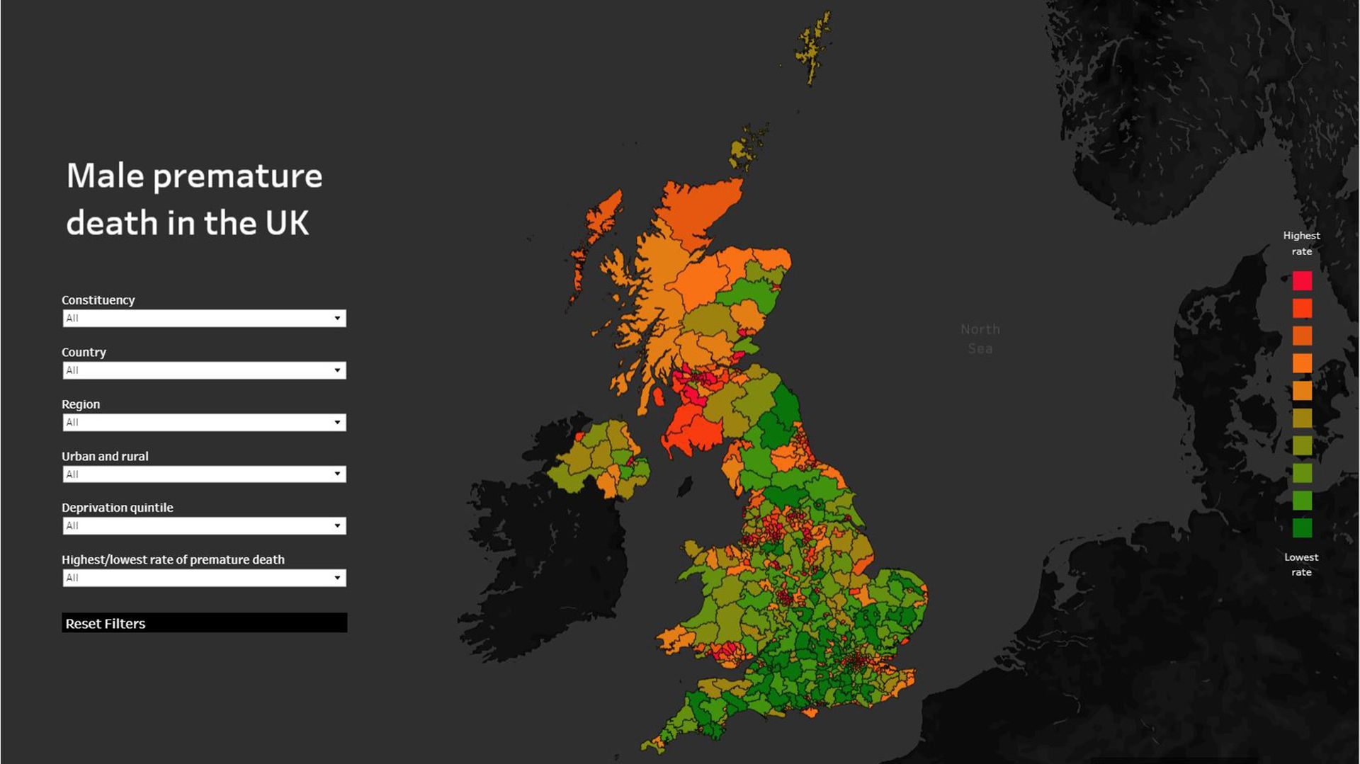 Map showing male premature mortality rates in the UK by constituency.