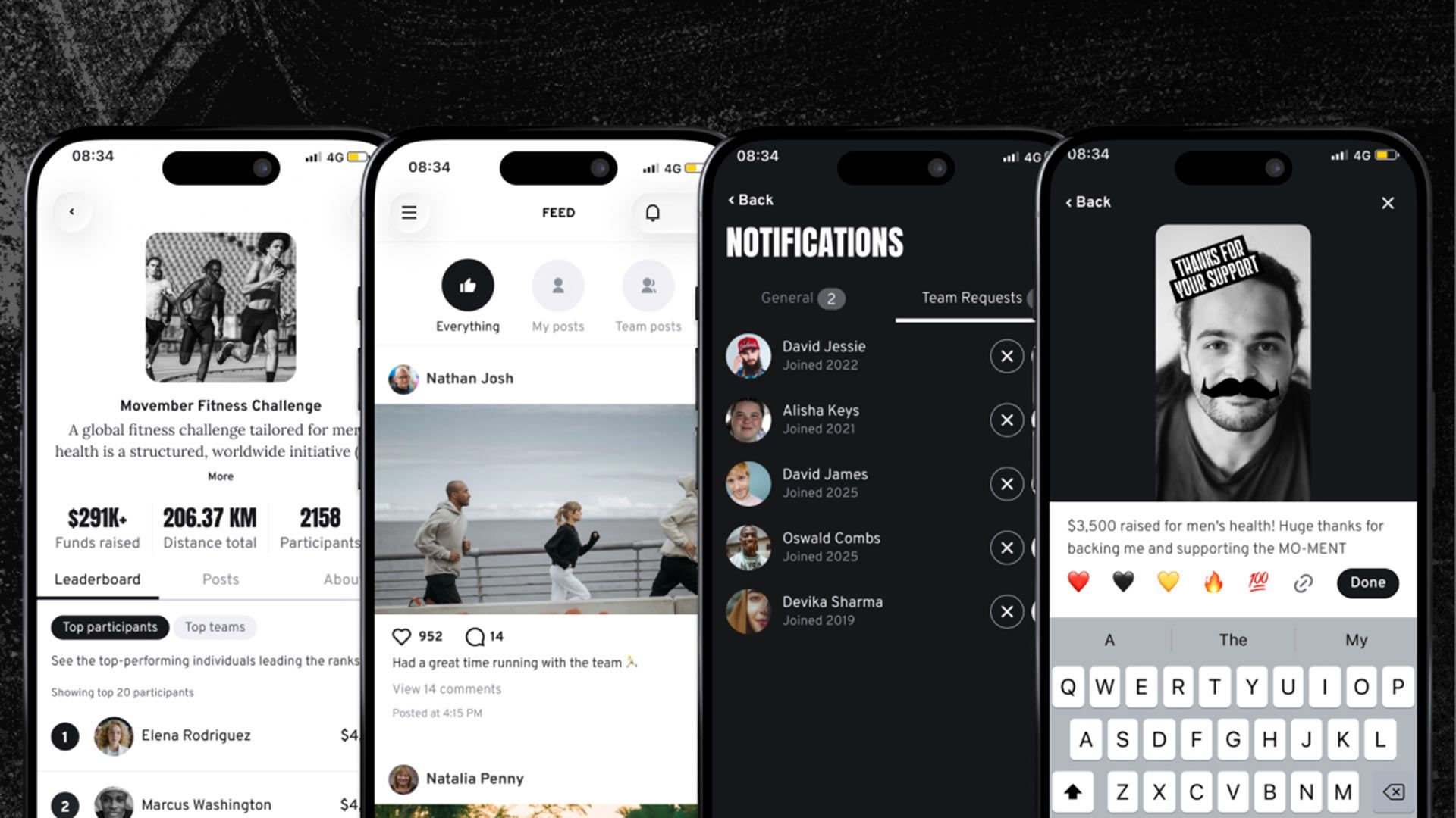 Image showing various screen captures of the Movember app.